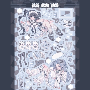 Y2K style blue angel anime girl stickers with heart and bow elements on checkerboard