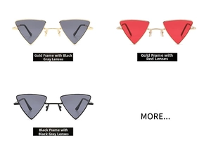 Detailed comparison of triangle sunglasses in gold and black frames with diverse lenses