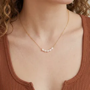 Minimalist Stainless Steel Freshwater Pearl Necklace 14K Gold Plated U-Shape Pearl Bead Chain Necklace For Women Jewelry Gift