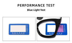 Detailed demonstration of anti-blue light lens filtering effectiveness on a test card