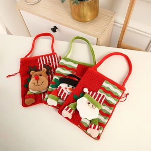 Cartoon 3D Christmas gift bags with Santa, reindeer, and snowman in knitted fabric textures