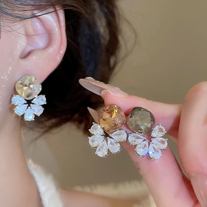 Close-up of champagne and taupe zircon earrings with teardrop crystal clusters
