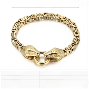 Detail of gold stainless steel snake head bracelet with Byzantine chain and dimensions