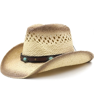 Paper Straw Cowboy Hat With Turquoise Bead Faux Leather Band Breathable Wide Brim Vintage Western Sun Protection