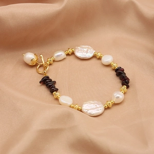 Natural Baroque Artificial Pearl Bracelet Purple Garnet Gemstone 18K Gold Plated Retro French Toggle Clasp Jewelry Women