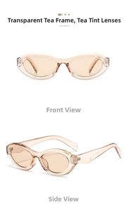 Detail view of oval cat-eye sunglasses with transparent tea brown frame and lenses