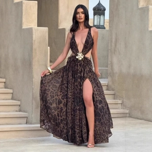 Women Sexy Halter Maxi Dress Deep V Neck Cutout Backless High Slit Metal Flower Buckle Leopard Print Long Dress