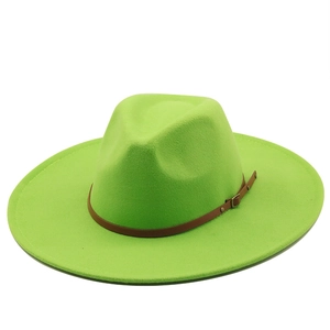 Classic bright green wool felt fedora hat with wide brim and brown leather band detail