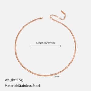 Detail view of 3mm rose gold stainless steel cuban chain with dimensions and weight