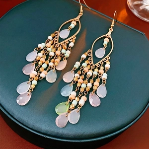 Bohemian Tassel Drop Earrings Women Alloy Beads Faceted Teardrop Charms Multi Layered Vintage Style Gold Hook