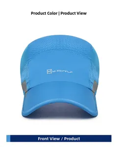 Detail of royal blue baseball cap with laser-cut holes and reflective gray side panels