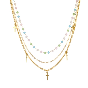 Three-layer stainless steel necklace featuring colorful beads and gold cross pendants