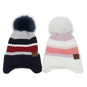 Kids Winter Knit Beanie Hat Striped Earflaps Warm Fleece Lined Faux Fur Pom Pom For Boys Girls