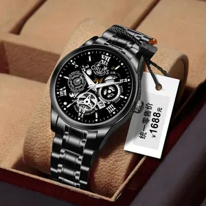 Detail view of ORUSS men's hollow watch with Roman numerals in a premium velvet box
