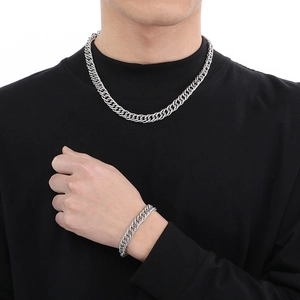 Polished silver titanium steel curb chain necklace and bracelet set for men's fashion