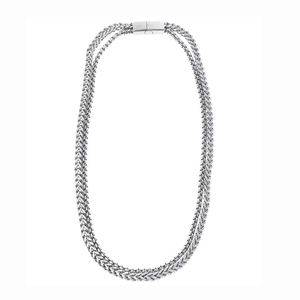 Collier à double chaîne en maille épi argentée avec fermoir carré magnétique en acier