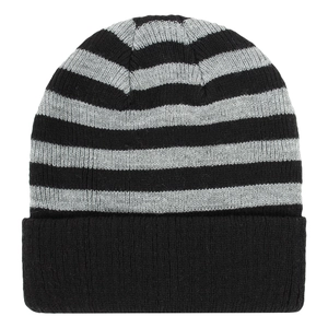 Close-up of kids' striped knit beanie with black cuffed hem for warmth and comfort