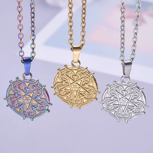 Polished stainless steel pentagram goat head pendants in rainbow, gold, and silver finishes