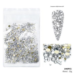 Macro detail of 1440PCS transparent AB flatback nail art rhinestones with usage view
