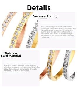 Close-up of vacuum plated stainless steel bangles set with sparkling round crystals