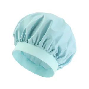 Elastic light blue waterproof shower cap with wide band for hair care and bathing