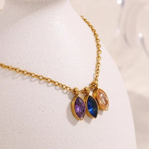 18K gold plated stainless steel necklace with three colorful marquise zircons