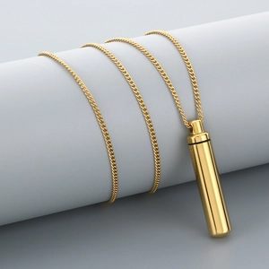 Minimalist gold stainless steel cylinder perfume bottle pendant necklace with thin chain