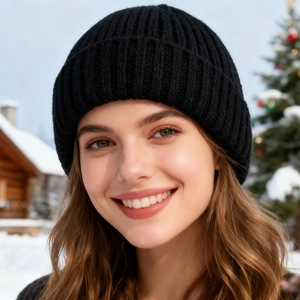 Classic black ribbed knit beanie worn by model in outdoor winter snowy background