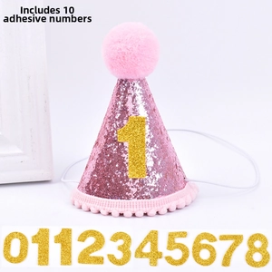 Pink glitter pet birthday cone hat with interchangeable numbers and elastic strap