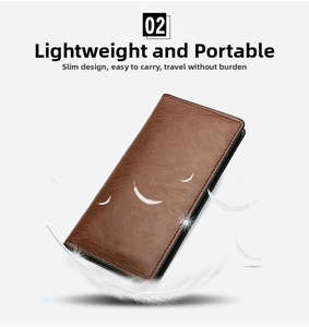 Slim men's dark brown leather wallet with lychee pattern texture floating with feathers