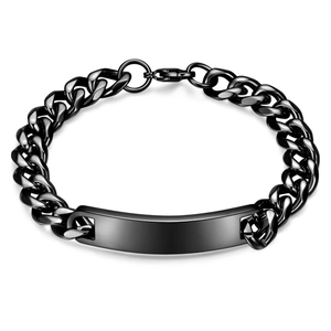 Men's minimalist black stainless steel 11mm Cuban link bracelet with engravable metal bar