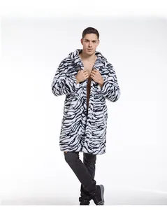 Close-up of premium black and white tiger stripe faux fur texture on a hooded men coat