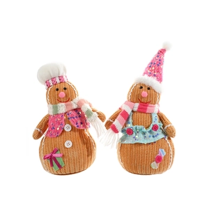 Set of two gingerbread man plush toys with chef hat and sequined cap for Xmas decor