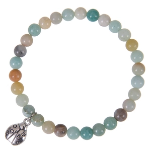 Close-up of 6mm multi-color agate beads with a silver ladybug charm on an elastic bracelet