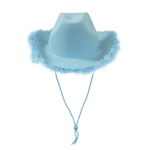 Detail view of a light blue cowboy hat with stylish feather trim and adjustable drawstring
