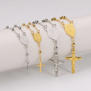 18k gold plated stainless steel catholic rosary bracelets with crucifix and virgin mary