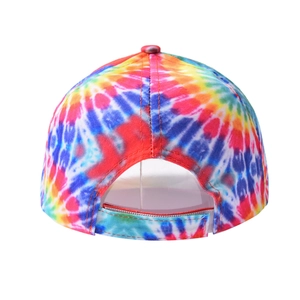 Detail view of adjustable velcro strap on colorful rainbow tie-dye baseball cap