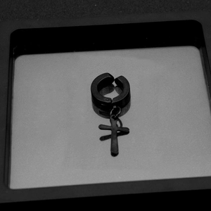 Gothic punk black stainless steel cross pendant clip-on earrings with matte finish