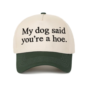 Détail de la broderie My Dog Said You're a Hoe sur la casquette de baseball bicolore