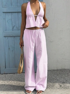 Pink striped vacation set with halter deep V-neck top and elastic wide-leg trousers
