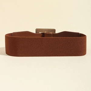 Close-up of brown elastic waist belt with textured rectangular metal buckle on beige background