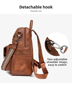 Detail view of brown vintage backpack showing detachable hooks and dual woven shoulder straps