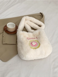White plush donut shoulder bag with sweet embroidery for autumn and winter fashion