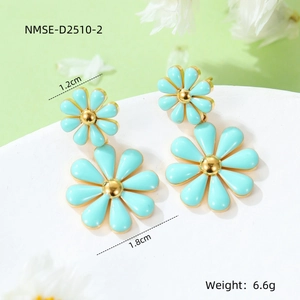 Detail of blue daisy enamel drop earrings with gold centers and size measurements