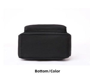 Detailed view of the durable black nylon backpack bottom with precise stitching