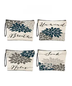Close-up of four canvas makeup bags with floral prints and zipper closure details