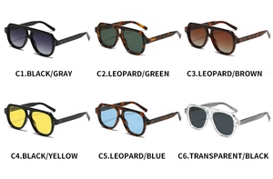 Detailed catalog showing 6 color variants of oversized double-bridge aviator sunglasses