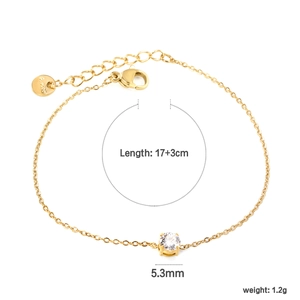 Gold stainless steel link bracelet with clear round zircon pendant and 17+3cm length