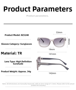Detailed size specifications for rectangular TR sunglasses BZ3248 with full dimensions