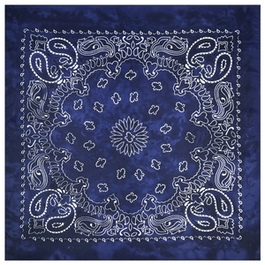 Detailed view of square dark blue paisley bandana with classic white floral patterns